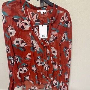 DR2 Women's Red Floral Blouse with Tie Neck